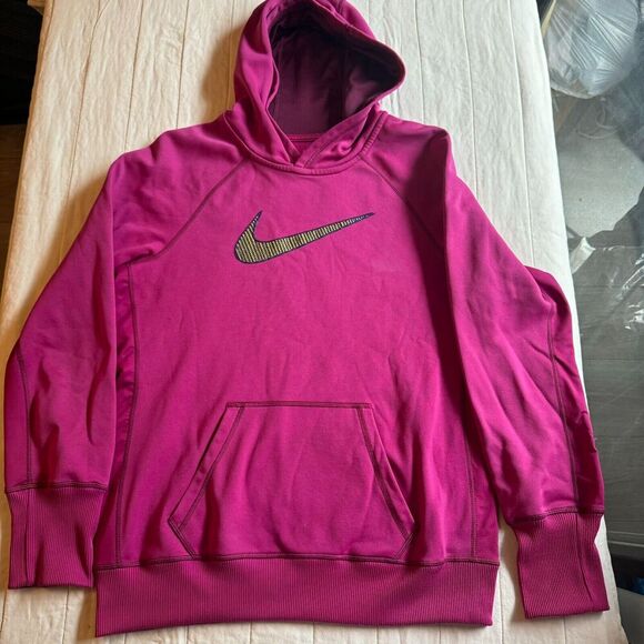 Womens Large Nike Thermafit Hoodie Pullover Sweatshirt Purple Gold Swooshstripe - Picture 1 of 9